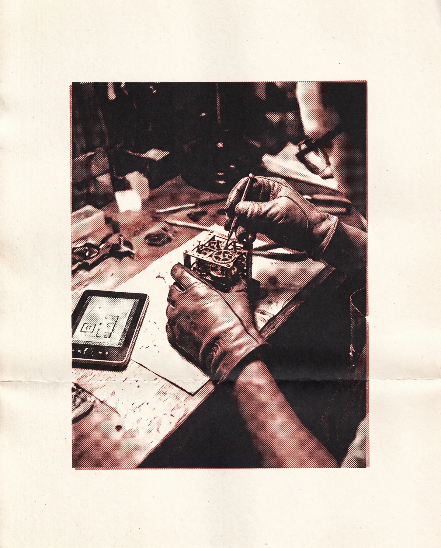 A craftsperson working by hand, rendered in duotone newsprint
