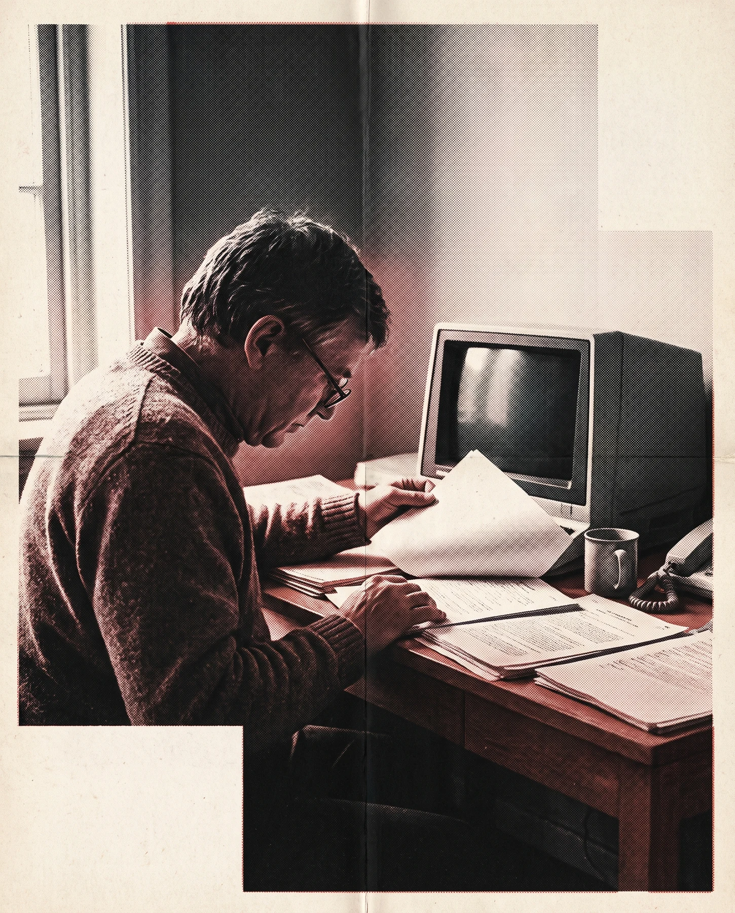 A knowledge worker reading at a desk, rendered in duotone newsprint