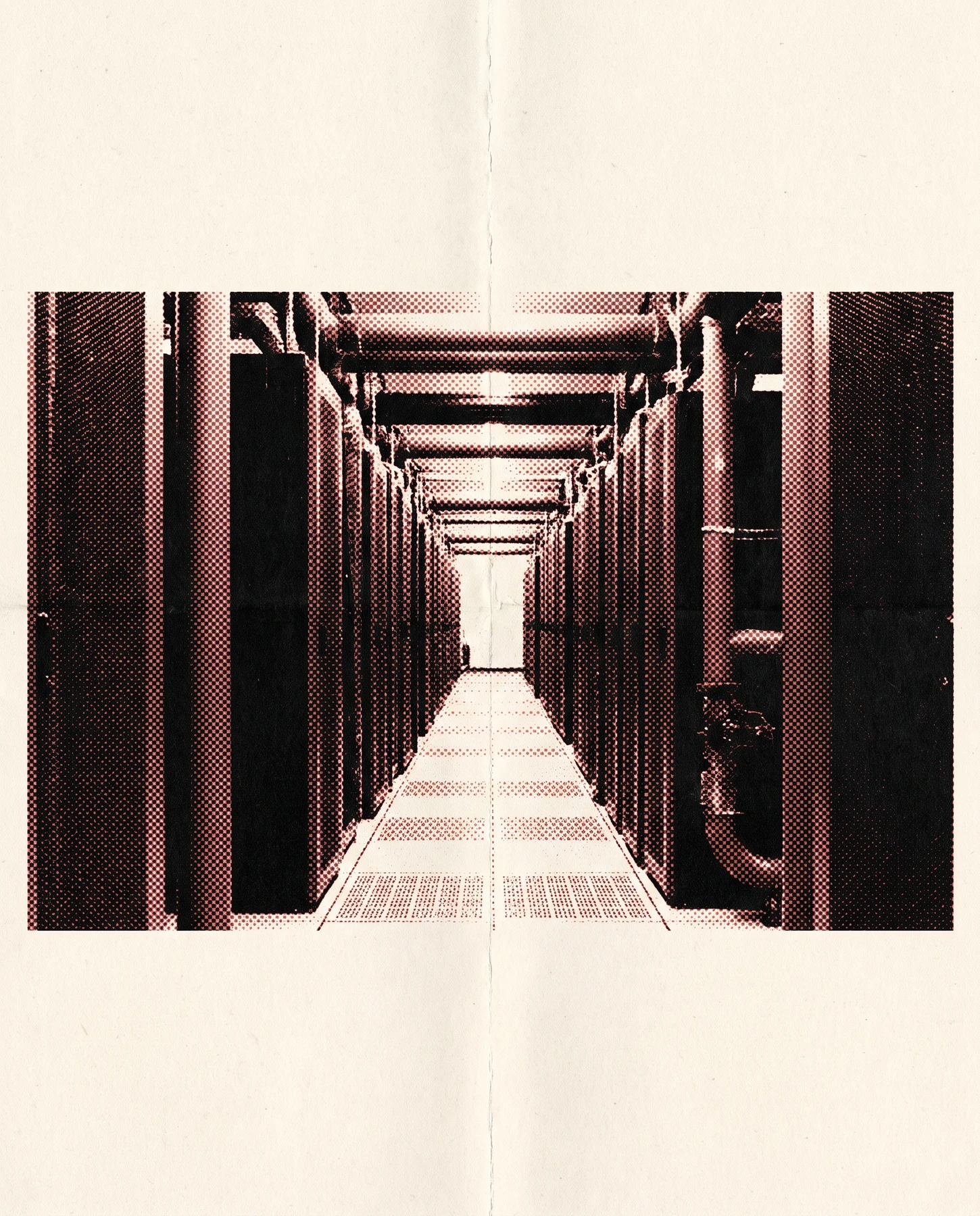 AI infrastructure rendered in duotone newsprint