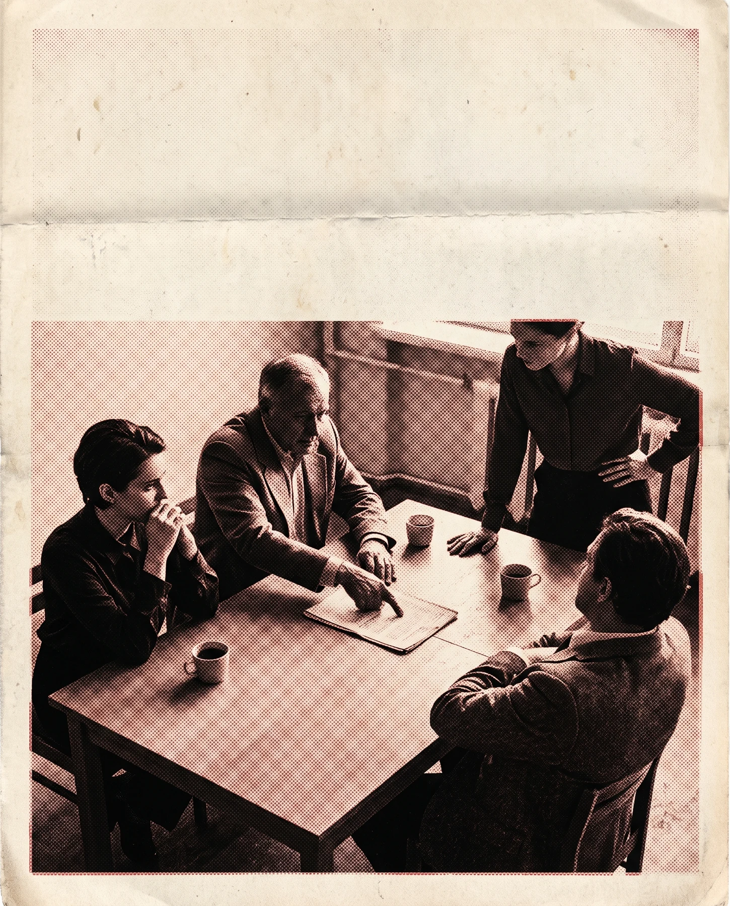 People making decisions around a table, rendered in duotone newsprint